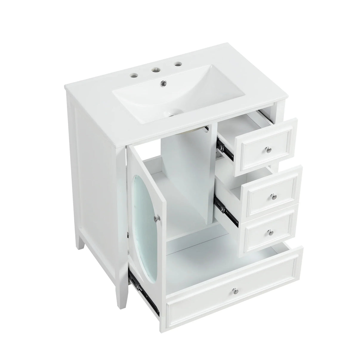 White 30 inch eprolo bathroom vanity cabinet with sink, three drawers, and storage door.