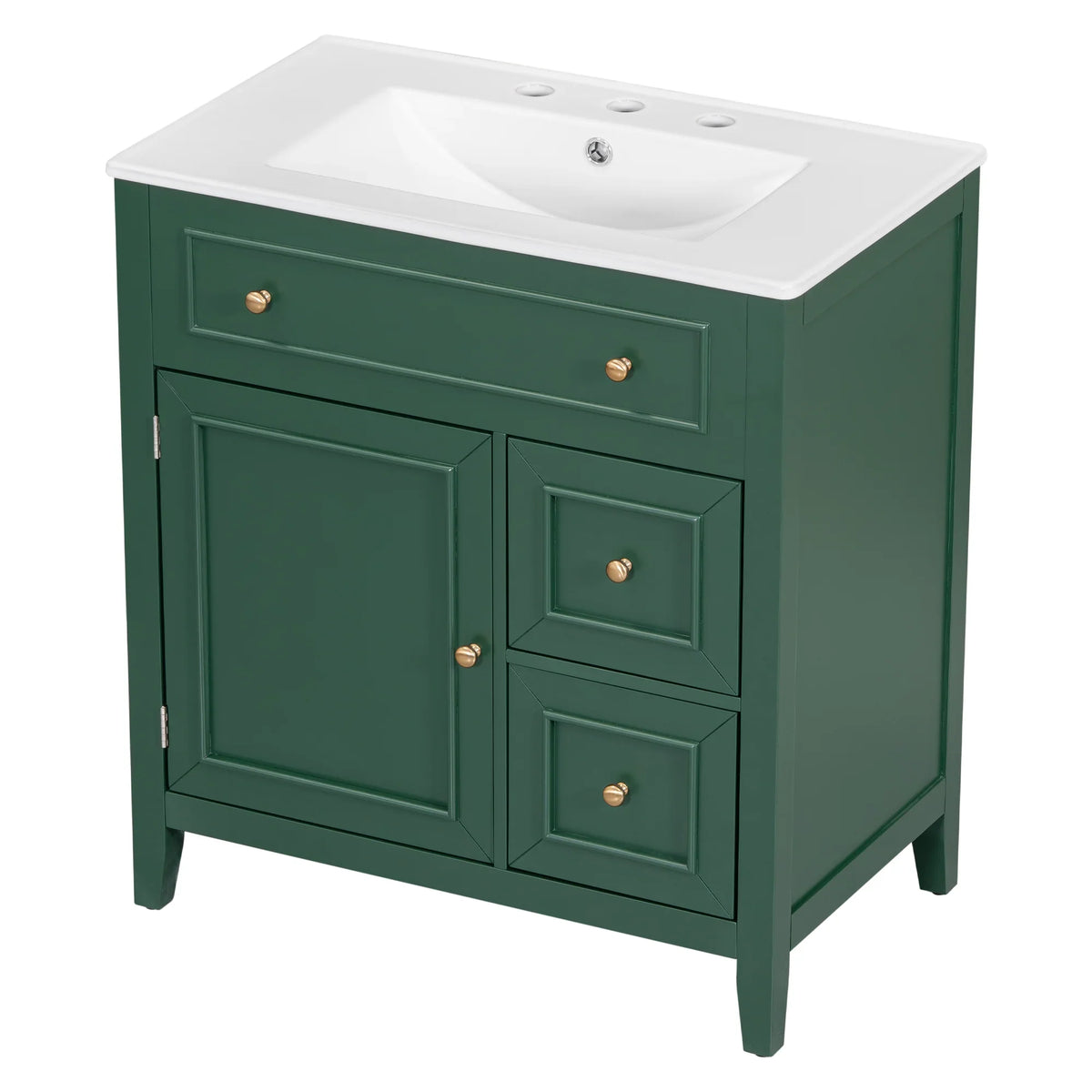 eprolo 30 inch green bathroom vanity with white sink top, one door, and two drawers