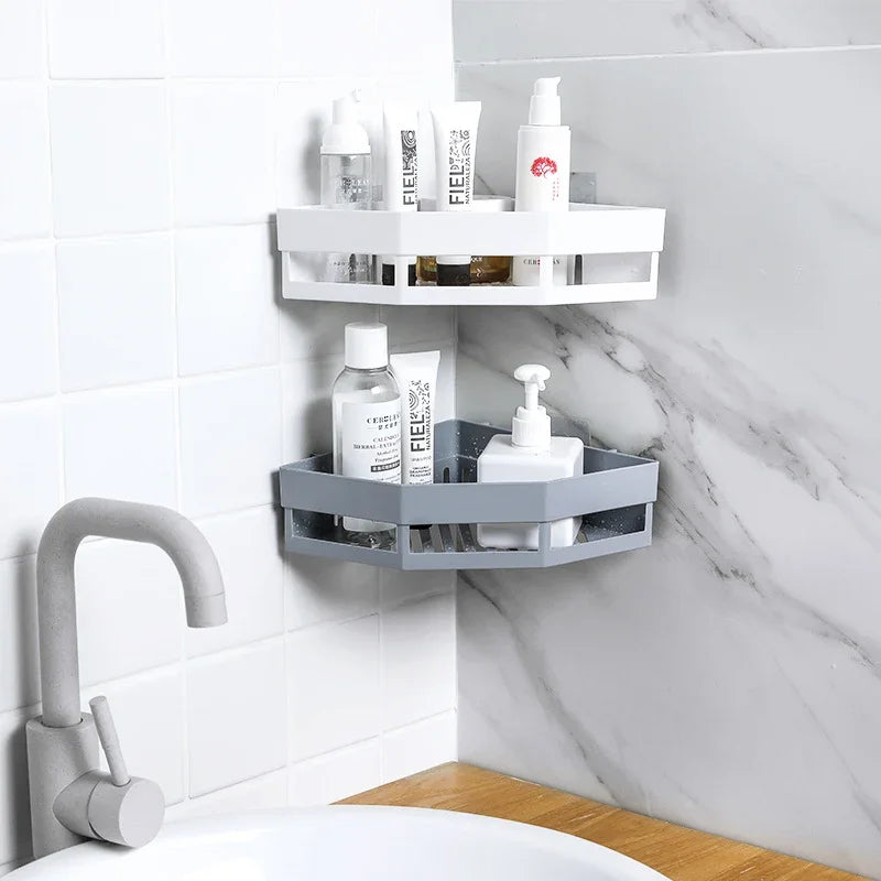 eprolo corner bathroom storage racks in white and grey holding toiletries