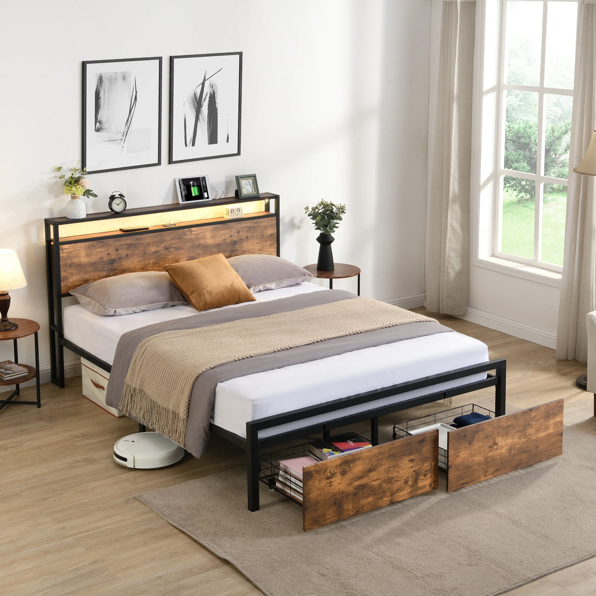 eprolo LED platform bed with storage headboard, under-bed drawers, and charging station