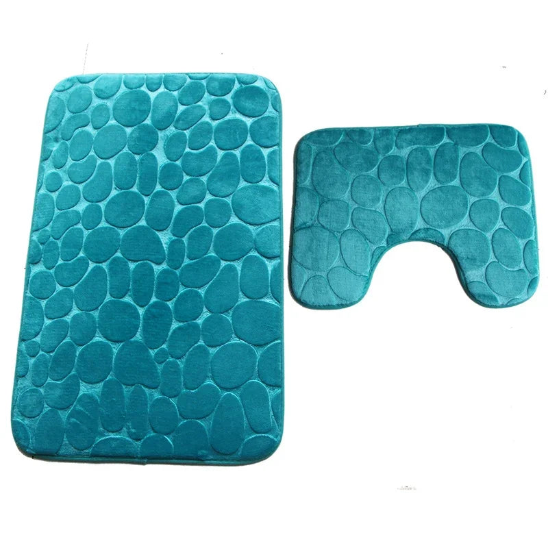 Two-piece teal embossed stone pattern non-slip bathroom floor and toilet mat set by eprolo