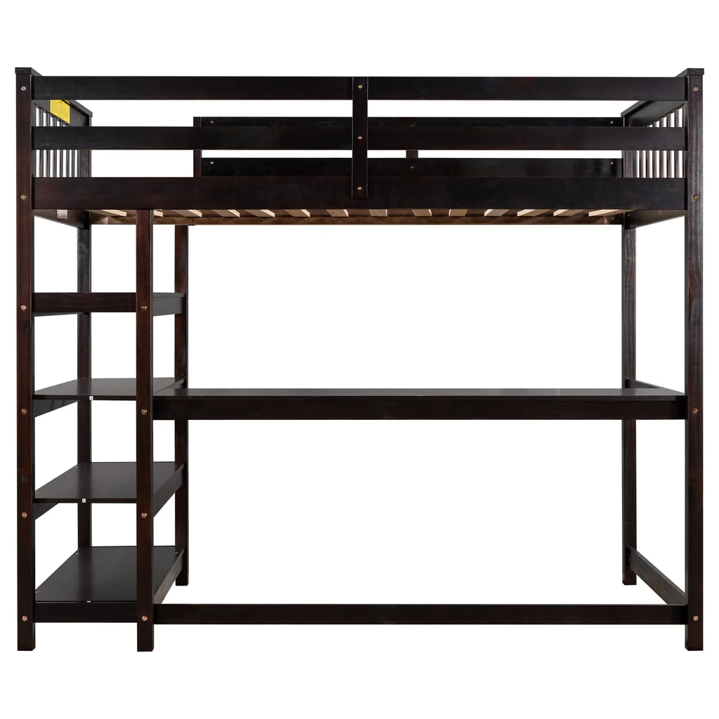 eprolo espresso twin size loft bed with integrated storage shelves and under-bed desk