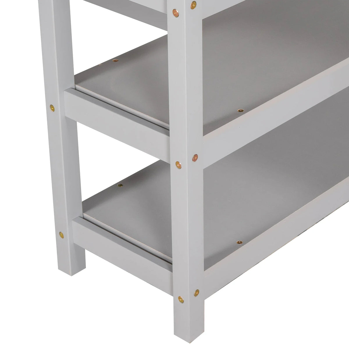 Close-up of gray storage shelves on an eprolo twin size loft bed.