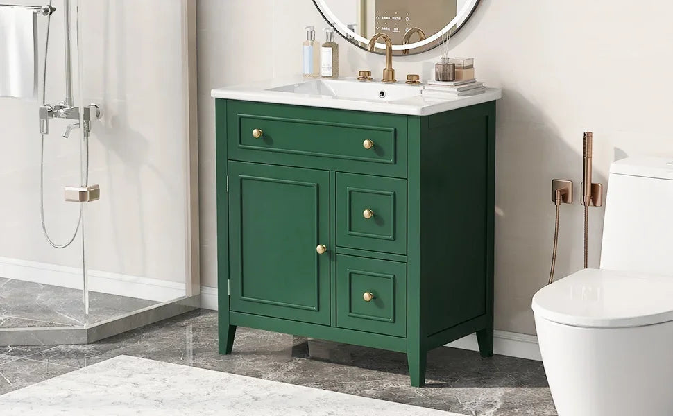 eprolo 30 inch green bathroom vanity cabinet with white sink top and gold hardware