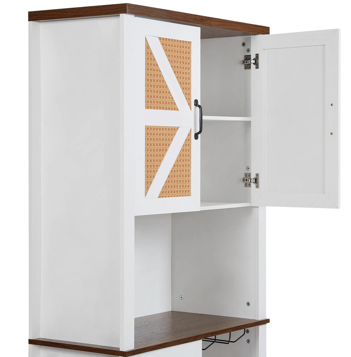 eprolo white farmhouse faux rattan wine and bar cabinet with open storage shelves