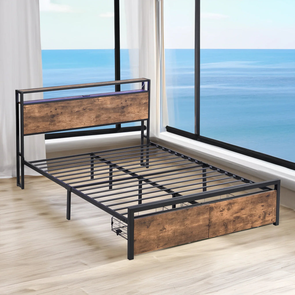 eprolo LED platform bed with storage headboard, built-in charging station, and underbed drawers