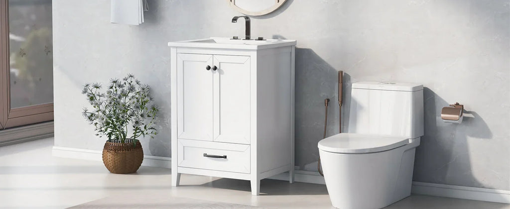 White 24 inch eprolo bathroom vanity cabinet with sink and one drawer in a modern bathroom.