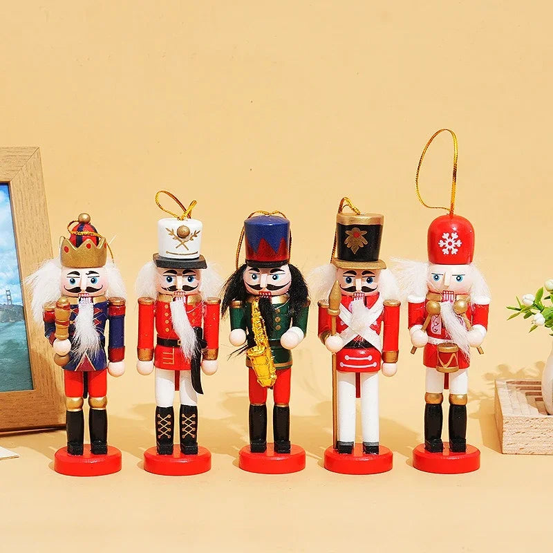Set of five 12cm eprolo wooden nutcracker Christmas pendants in various festive outfits.