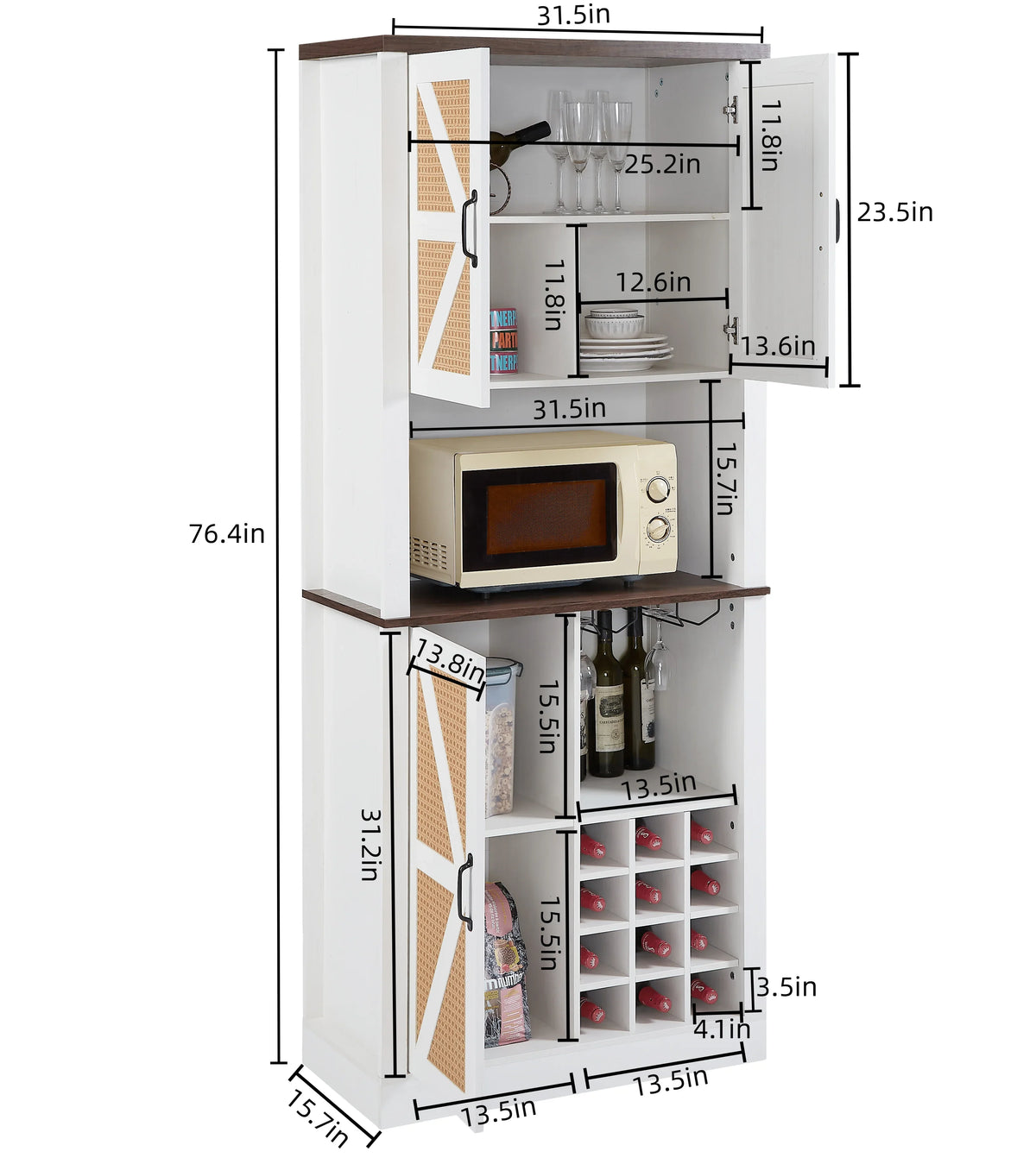 eprolo farmhouse faux rattan wine and bar cabinet with microwave shelf and storage.