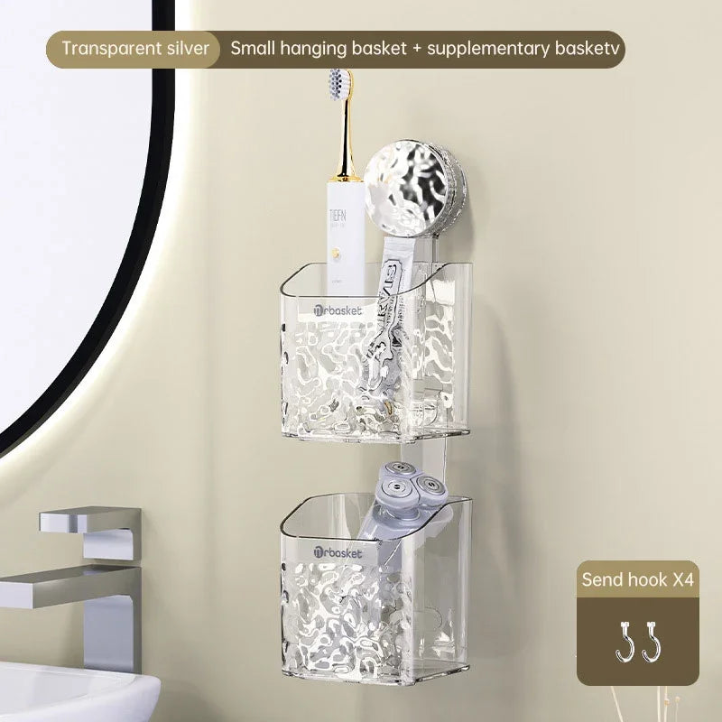 Transparent silver eprolo suction tray rack with hanging baskets for toothbrush and razor.