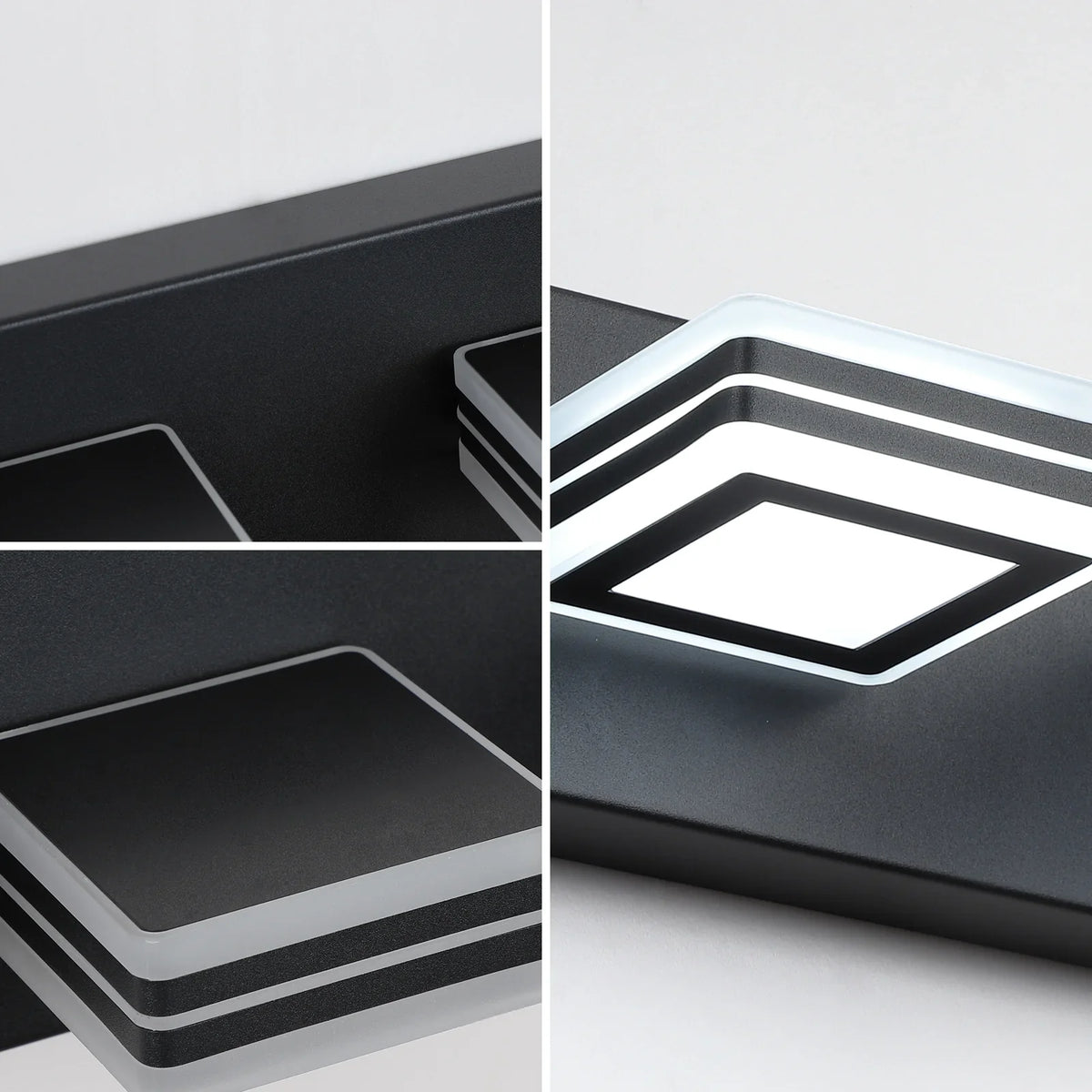 Close-up details of eprolo matte black LED modern vanity light with acrylic diffusers.