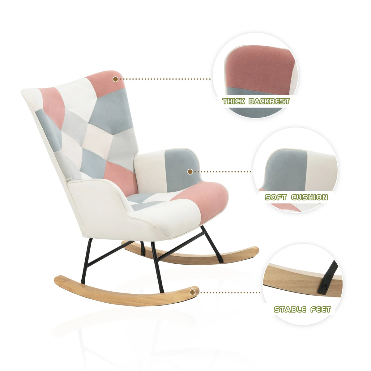 Mid-century eprolo fabric rocking chair with thick backrest, soft cushion, and stable wooden feet.