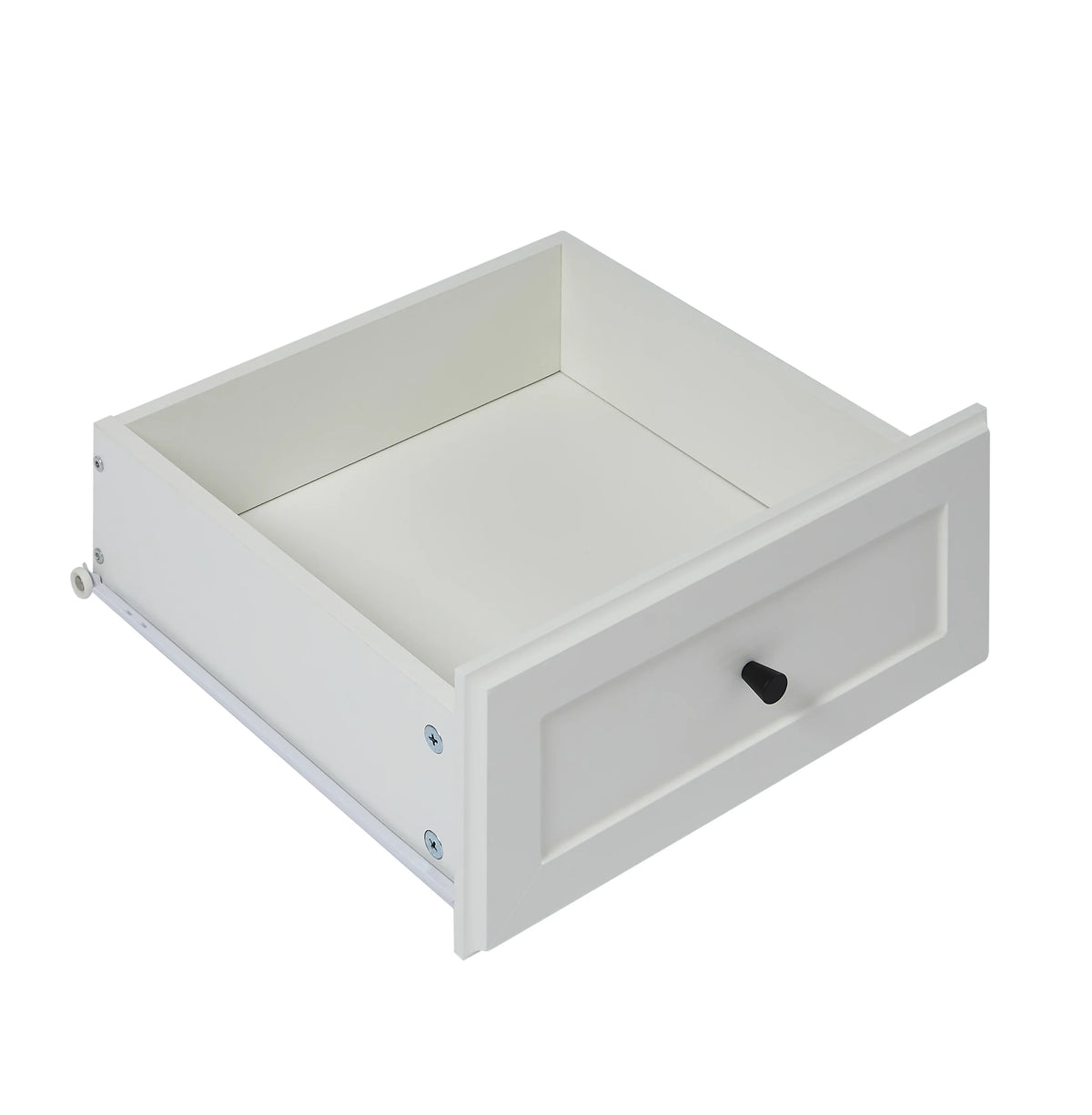 Open white wooden drawer from an eprolo farmhouse bedroom dressing table.