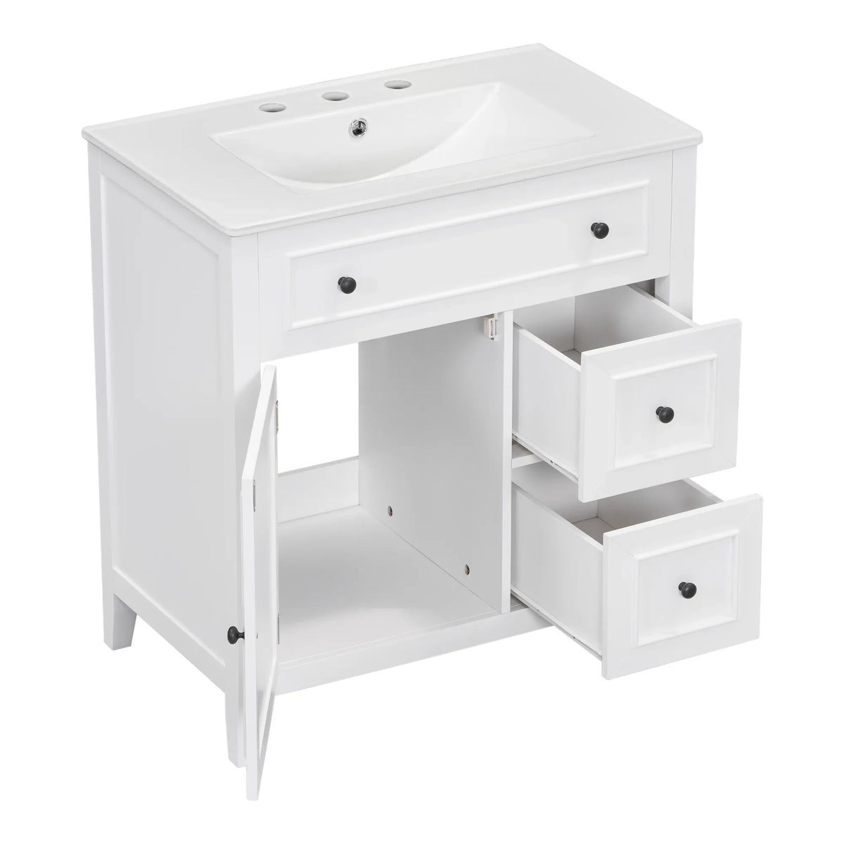 White 30 inch eprolo bathroom vanity cabinet with sink top, door, and two drawers.