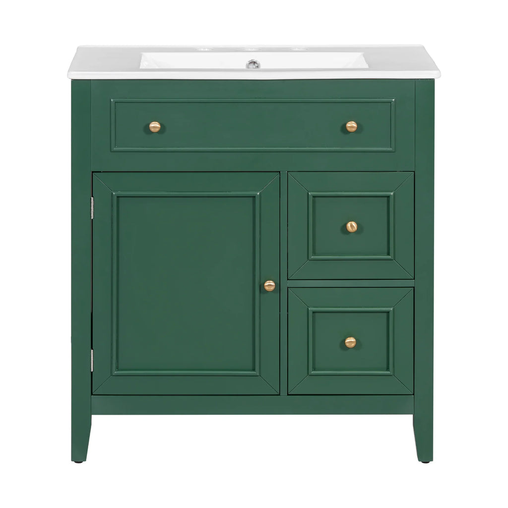 eprolo 30 inch green bathroom vanity with white sink top, one door, and two drawers