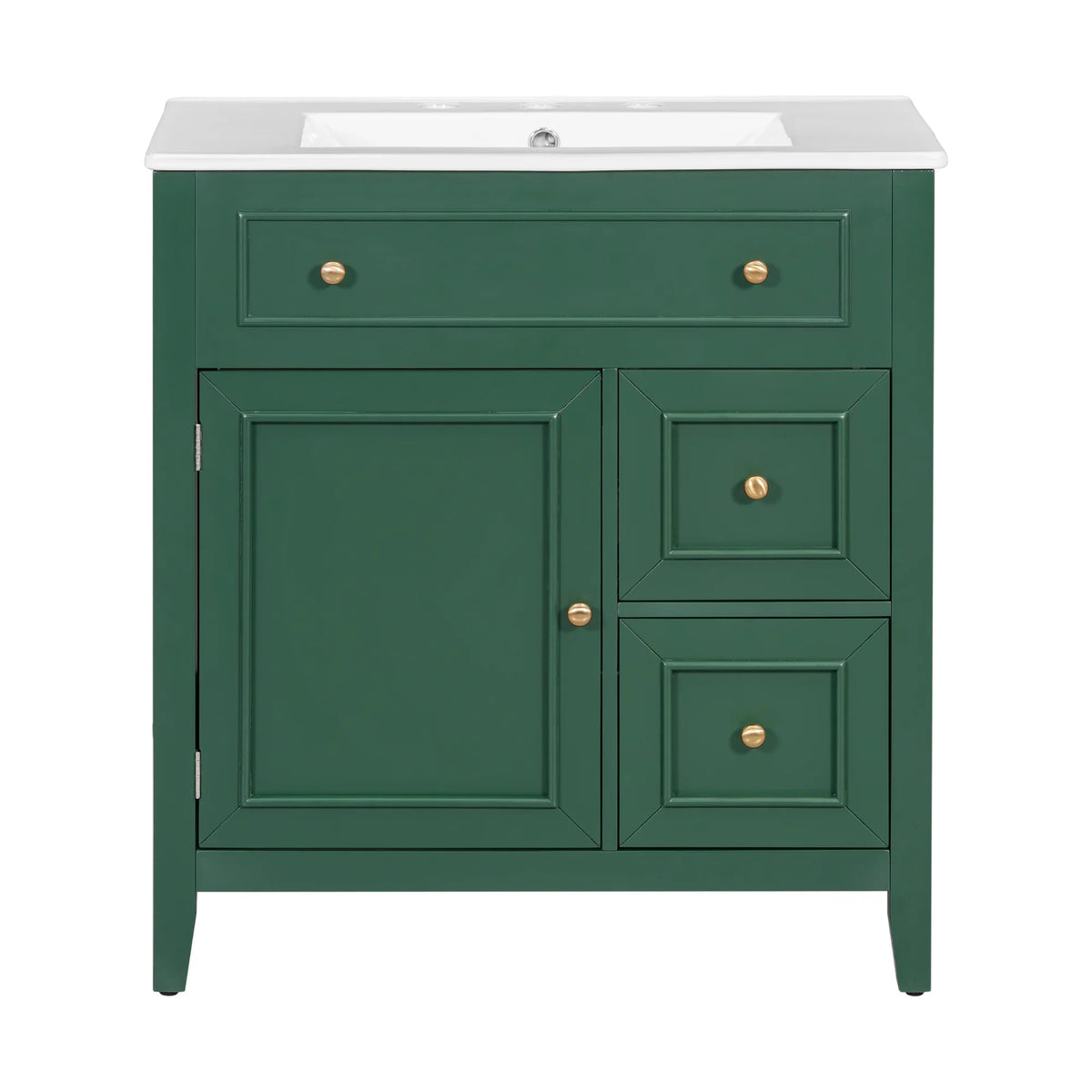 eprolo 30 inch green bathroom vanity with white sink top, one door, and two drawers