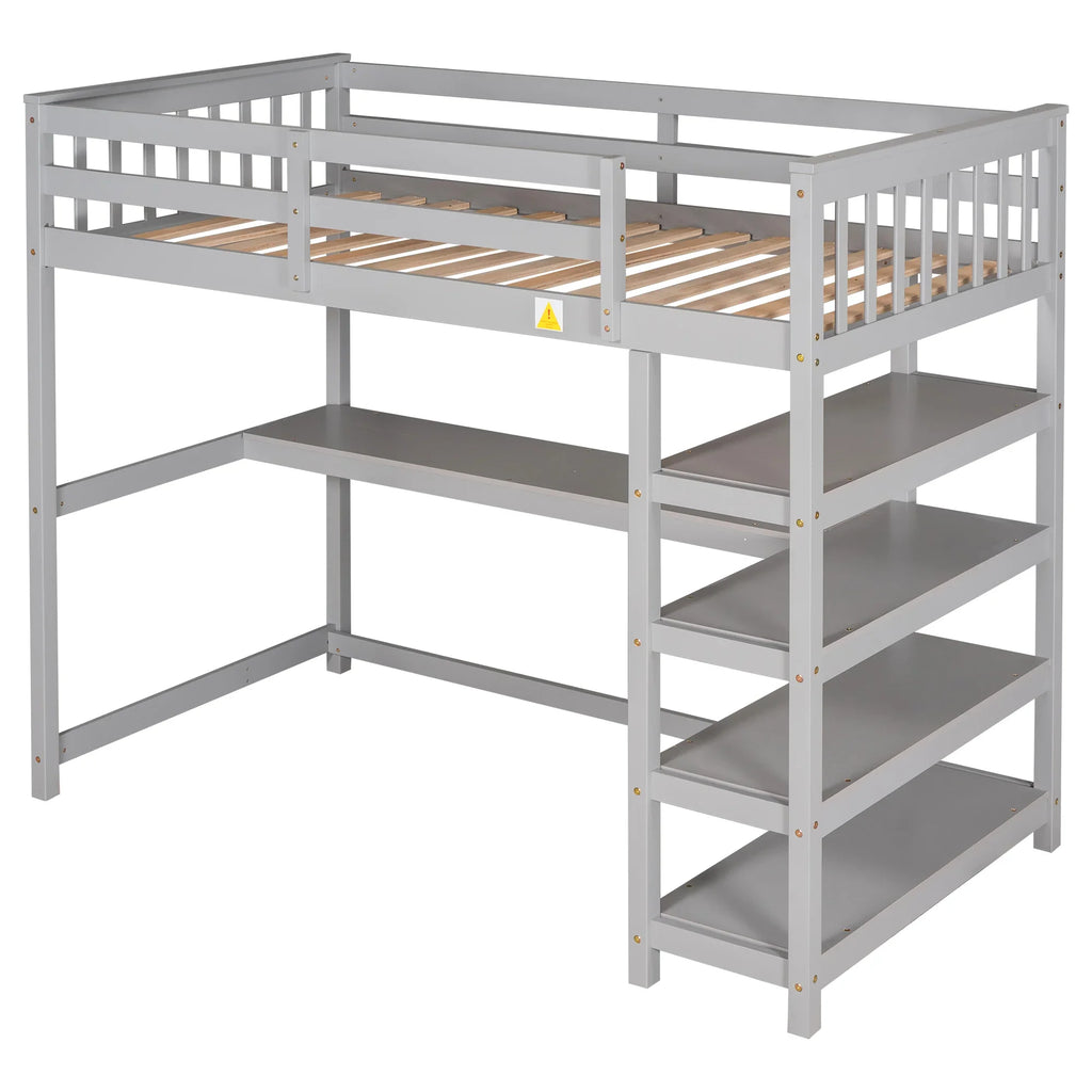eprolo Twin Size Loft Bed with built-in storage shelves and under-bed desk in gray