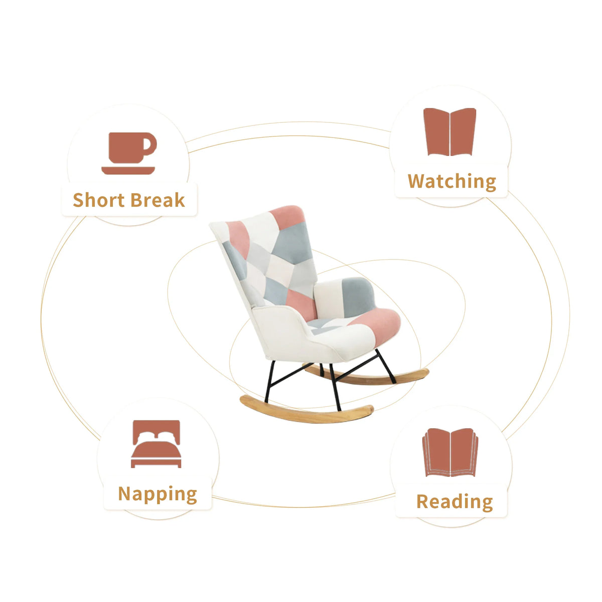 eprolo Mid-Century Fabric Rocking Chair with Ottoman in multi-color patchwork design