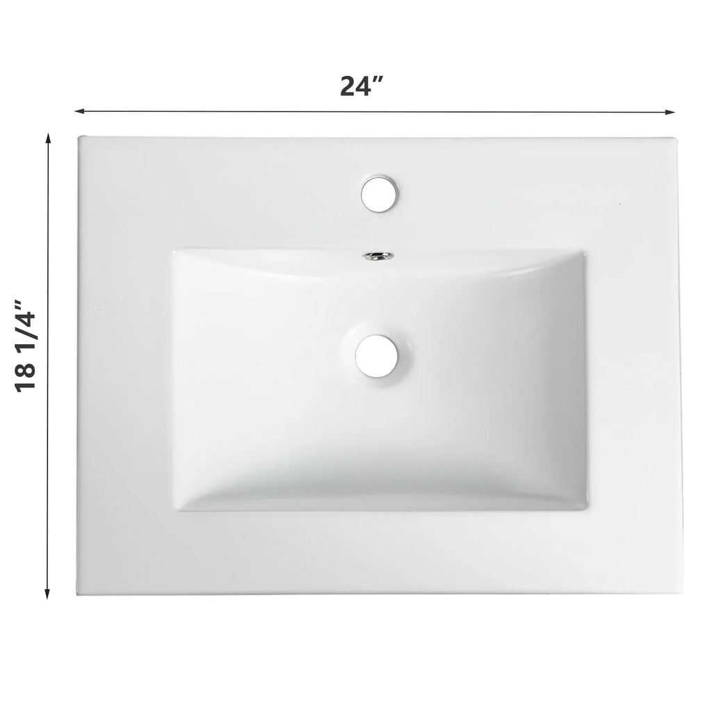 White 24 inch rectangular ceramic bathroom sink basin by eprolo, top view with dimensions.