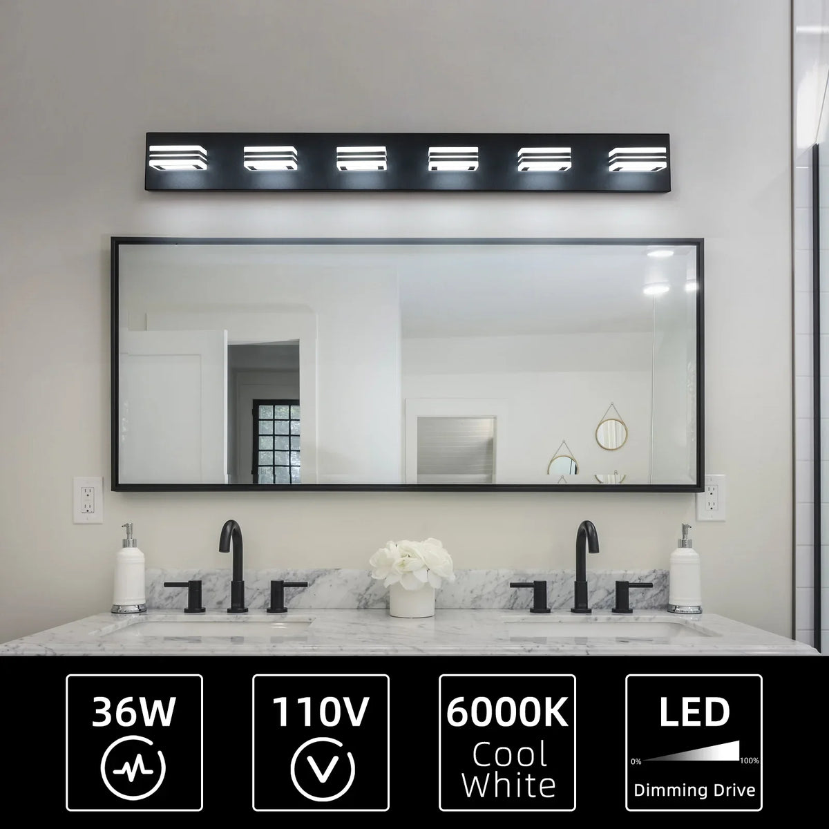 Modern black LED vanity light with 6 lights installed over a bathroom mirror.