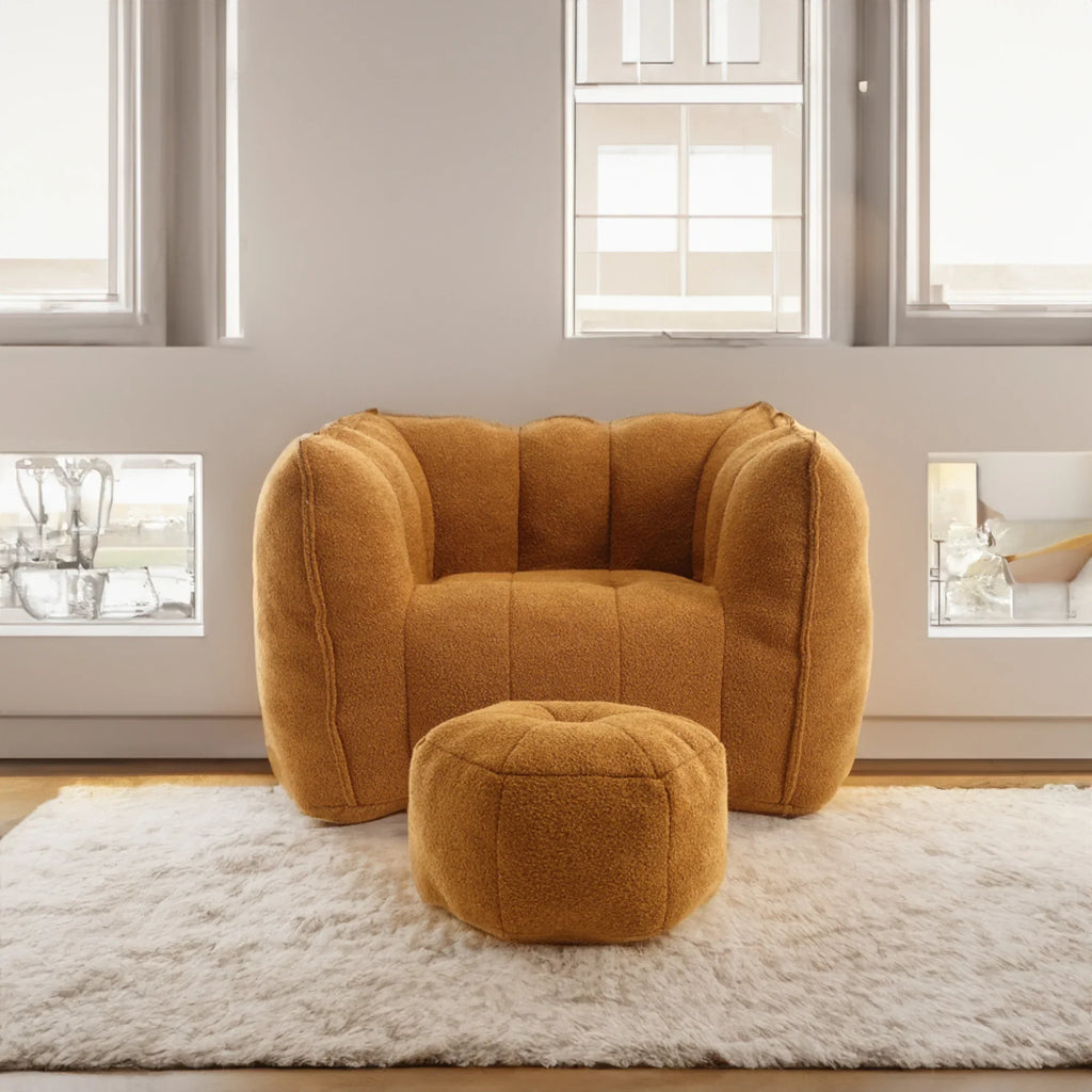 eprolo soft square mustard yellow bean bag chair with matching footstool on a white rug