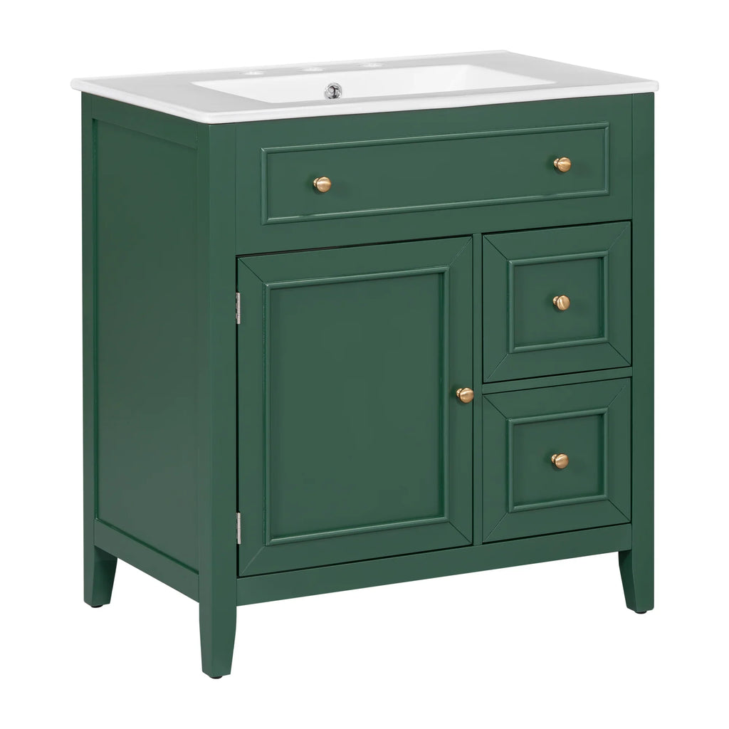 eprolo 30 inch green bathroom vanity with white sink top, solid wood frame, and gold knobs