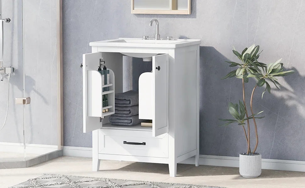 eprolo 24 inch white bathroom vanity with sink, open cabinet, and one drawer