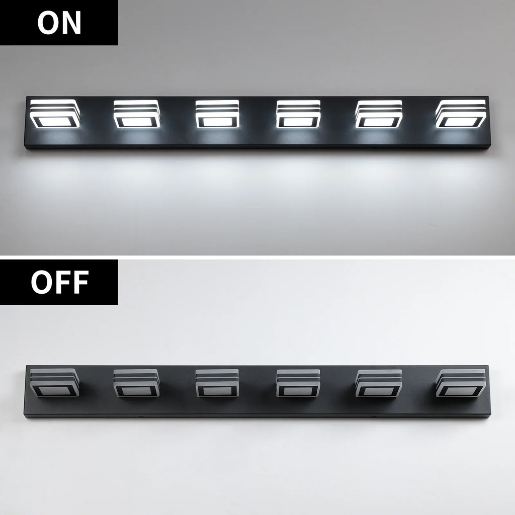 eProlo 6-light modern black LED vanity lights shown in on and off states.