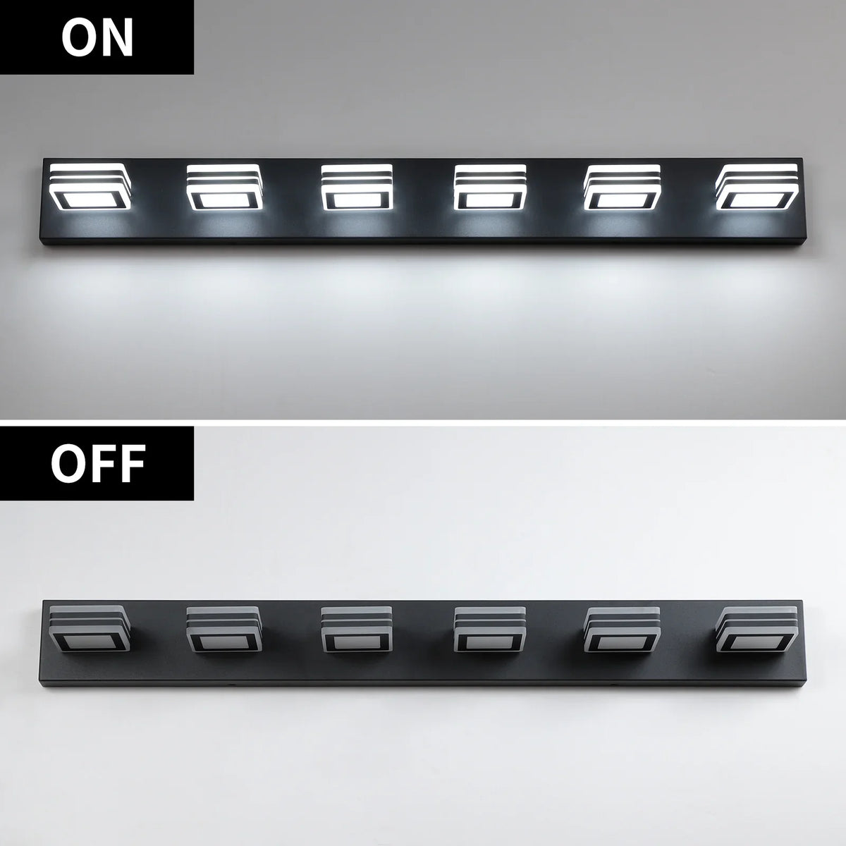 eProlo 6-light modern black LED vanity lights shown in on and off states.