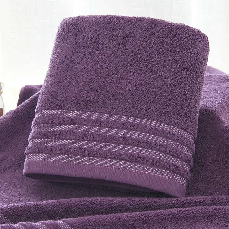 Thick purple eprolo cotton bath towel set with decorative stripes